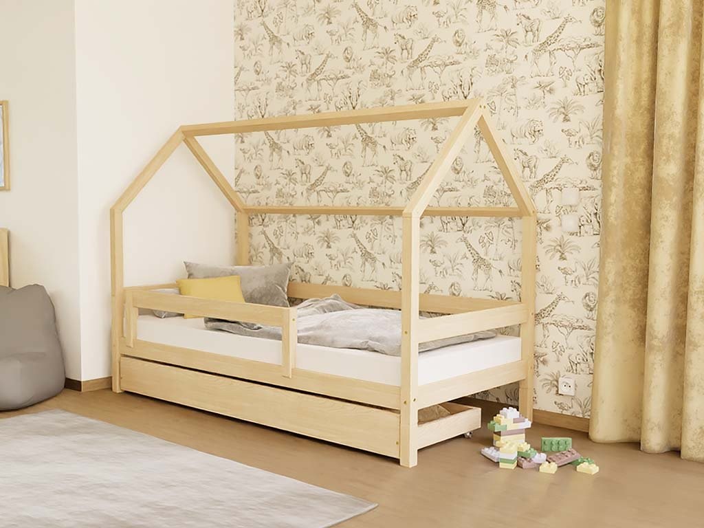 LUCKY House Bed with Side Roof and Front Safety Rail – 120–140 cm Wide