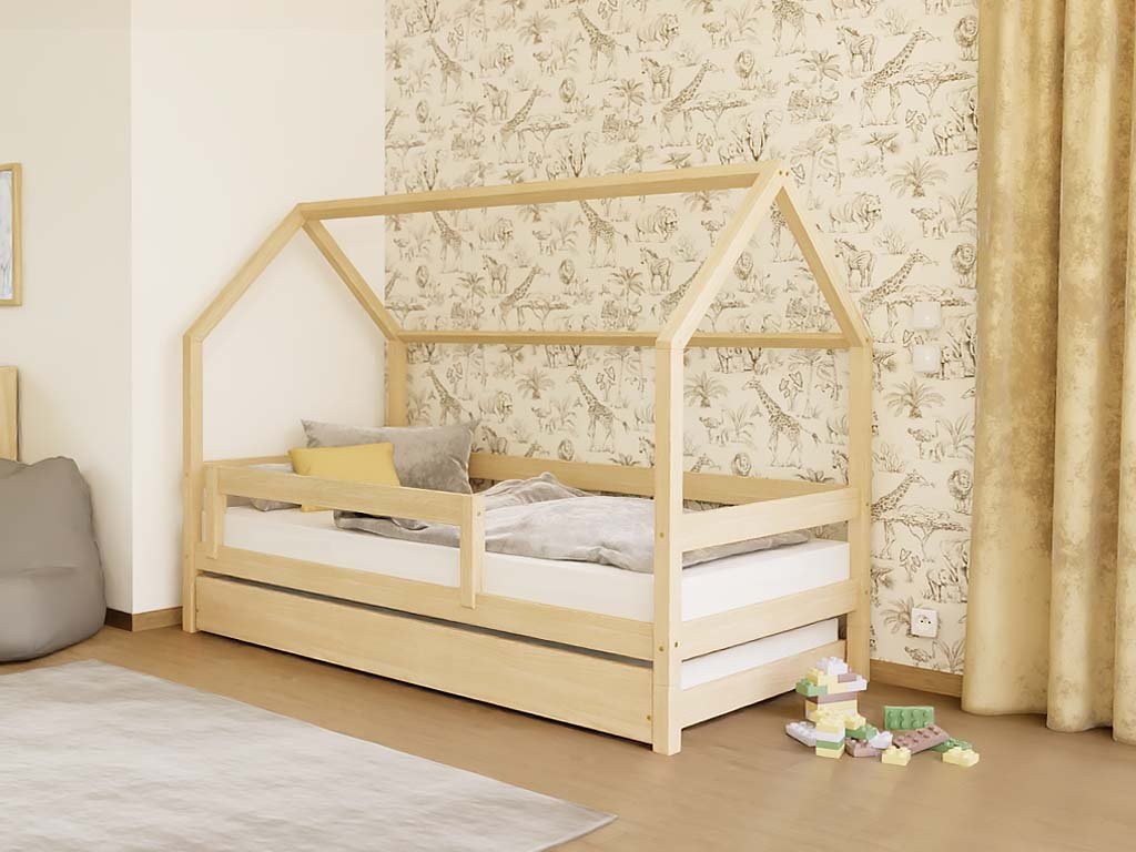 LUCKY House Bed with Side Roof and Front Safety Rail – 120–140 cm Wide
